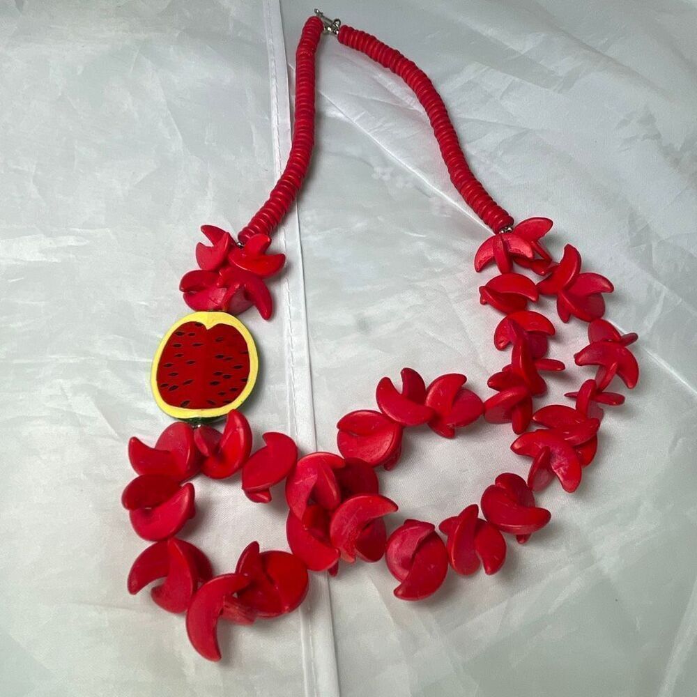 Vibrant tropical necklace watermelon tiki vacation tagua nuts